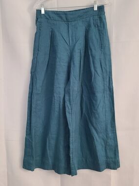 Athleta Sz 8 Teal 100% Linen Playa Wide Leg Pleated Cropped Beach Cruise Pants